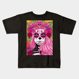 Pink Queen Sugar Skull bloom Kids T-Shirt